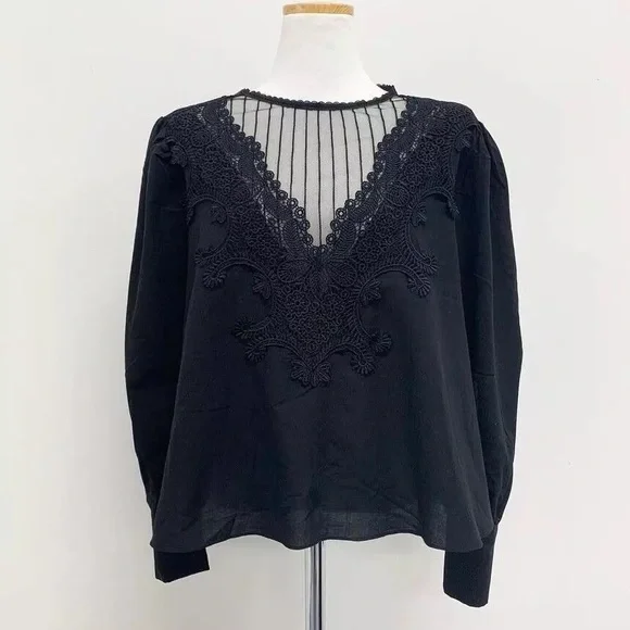 Black lace blouse mesh puff sleeve long sleeve shirt womens - Picture 3 of 5